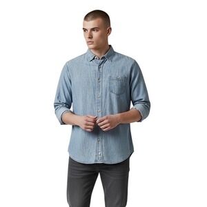 johnnie-0 Mens Denim Button Down Shirt Light Blue Long Sleeve Casual Size Medium